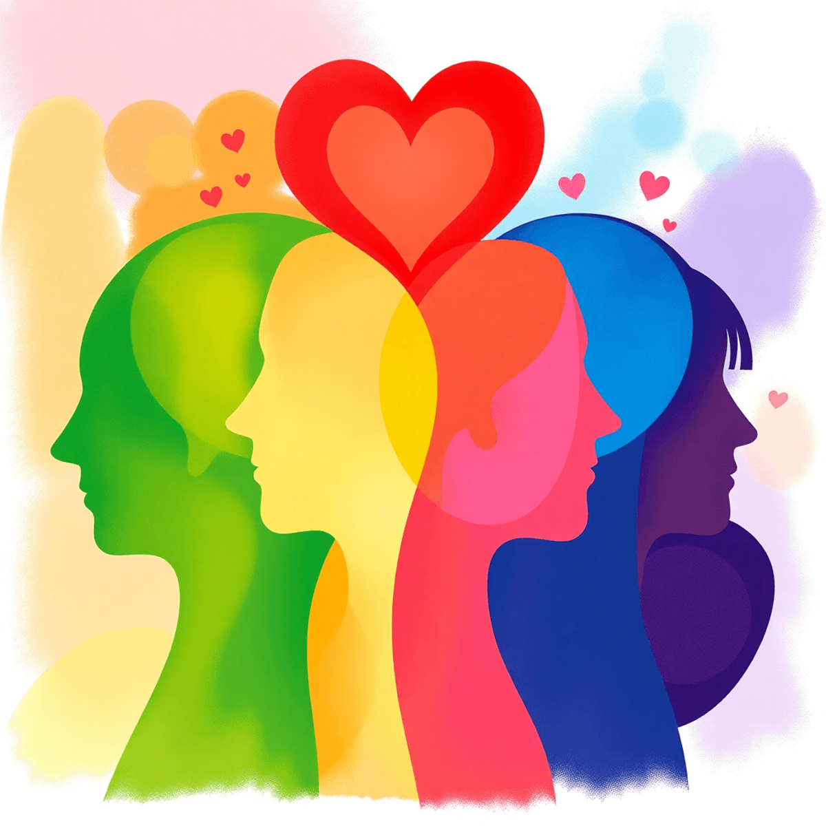 A colorful digital illustration featuring a rainbow gradient, abstract symbols of hearts and circles, evoking love, connection, and a sense of comm...