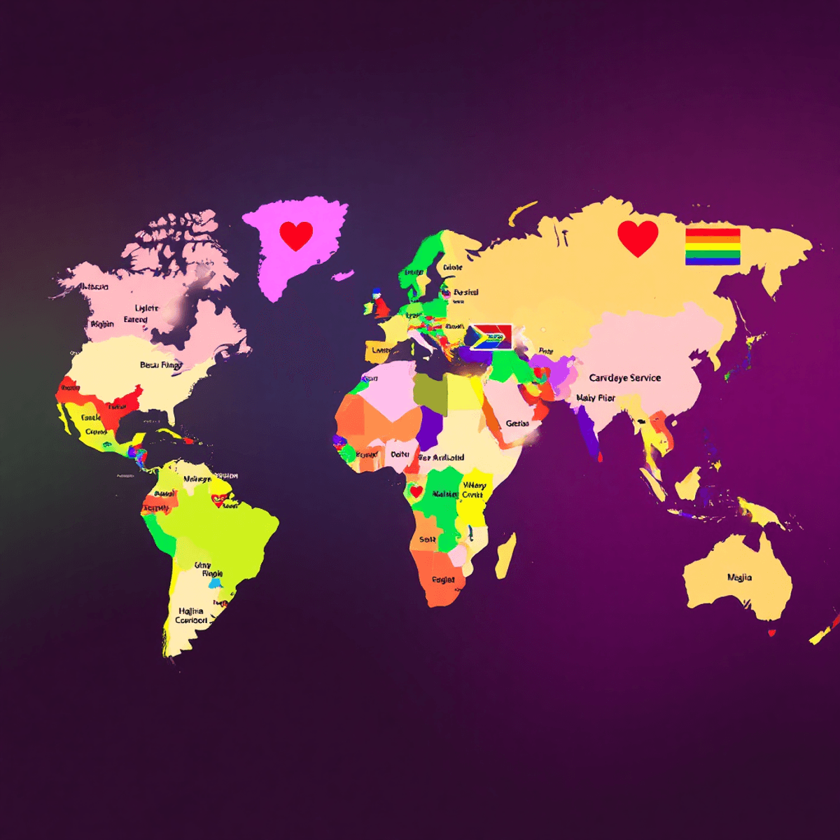 A colorful world map adorned with rainbow flags and heart icons, symbolizing lesbian pride and celebrating diversity and inclusivity across differe...