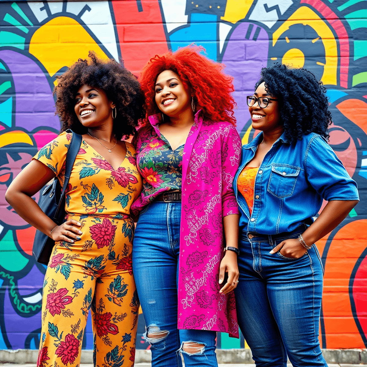 A confident group of three lesbian women stands together, wearing vibrant clothing and joyful expressions, in front of a colorful mural symbolizing... A confident group of three lesbian women stands together, wearing vibrant clothing and joyful expressions, in front of a colorful mural symbolizing...