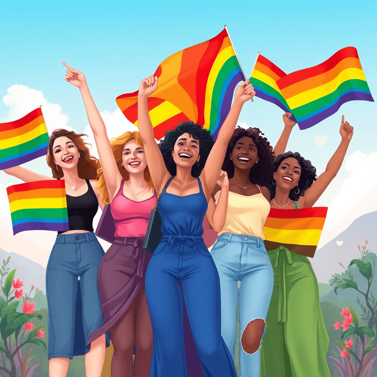 A joyful group of women holding colorful pride flags, celebrating diversity and LGBTQ+ pride in a vibrant outdoor setting, surrounded by nature and...